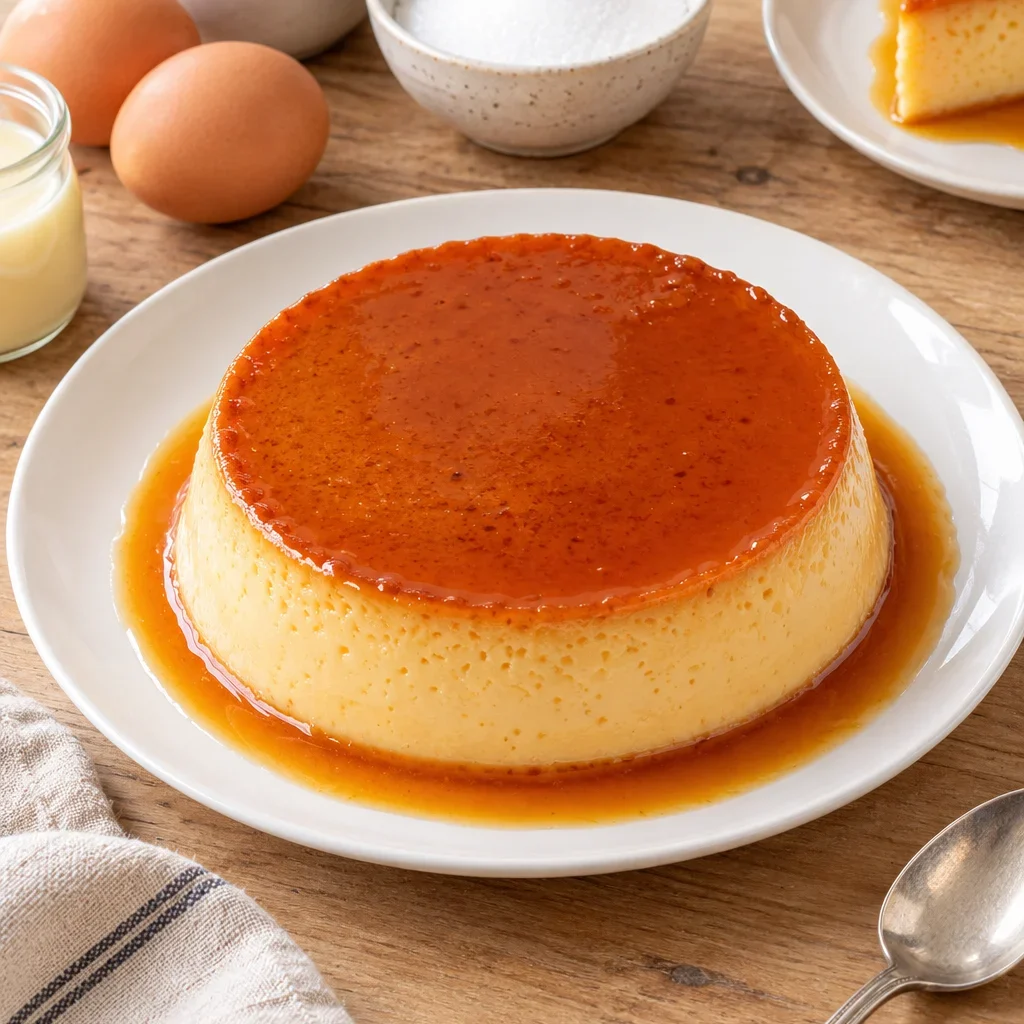 Flan de caramelo servido en plato blanco con caramelo dorado