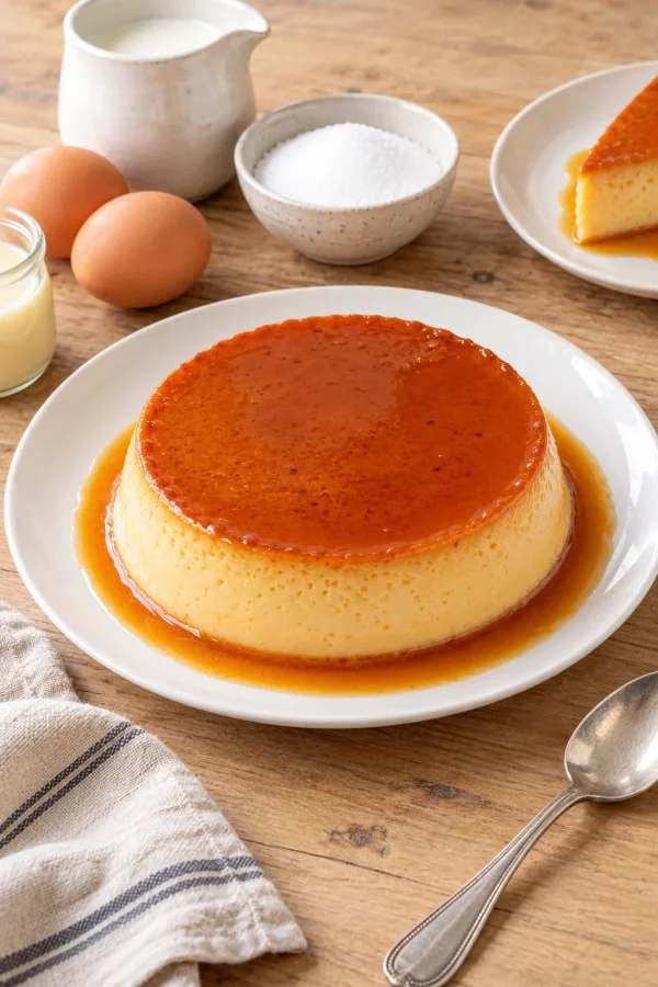 Flan de caramelo servido en plato blanco con caramelo dorado
