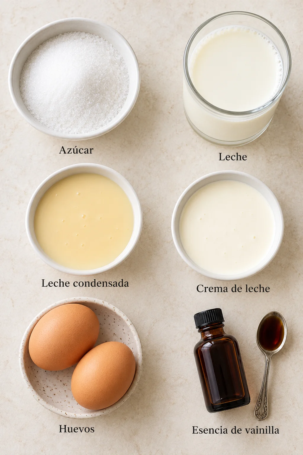 Ingredientes etiquetados para flan de caramelo en recipientes blancos