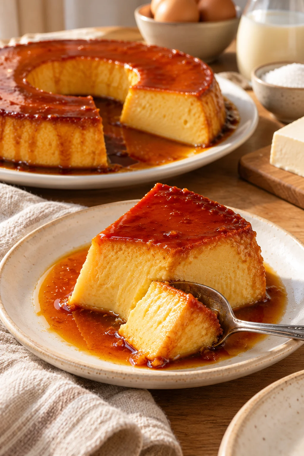 Porción de flan napolitano servido en un plato
