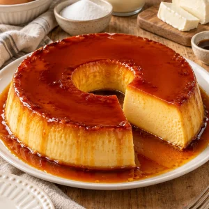 Flan napolitano con caramelo desmoldado en un plato y una porción cortada