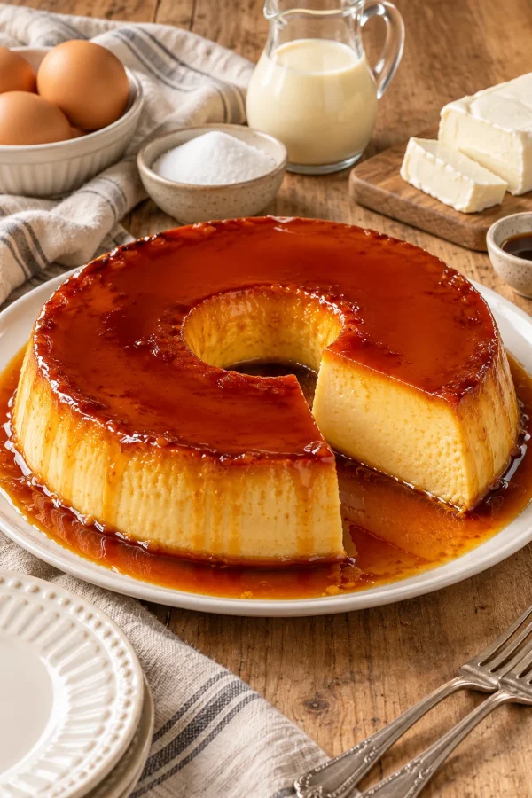 Flan napolitano con caramelo desmoldado en un plato y una porción cortada