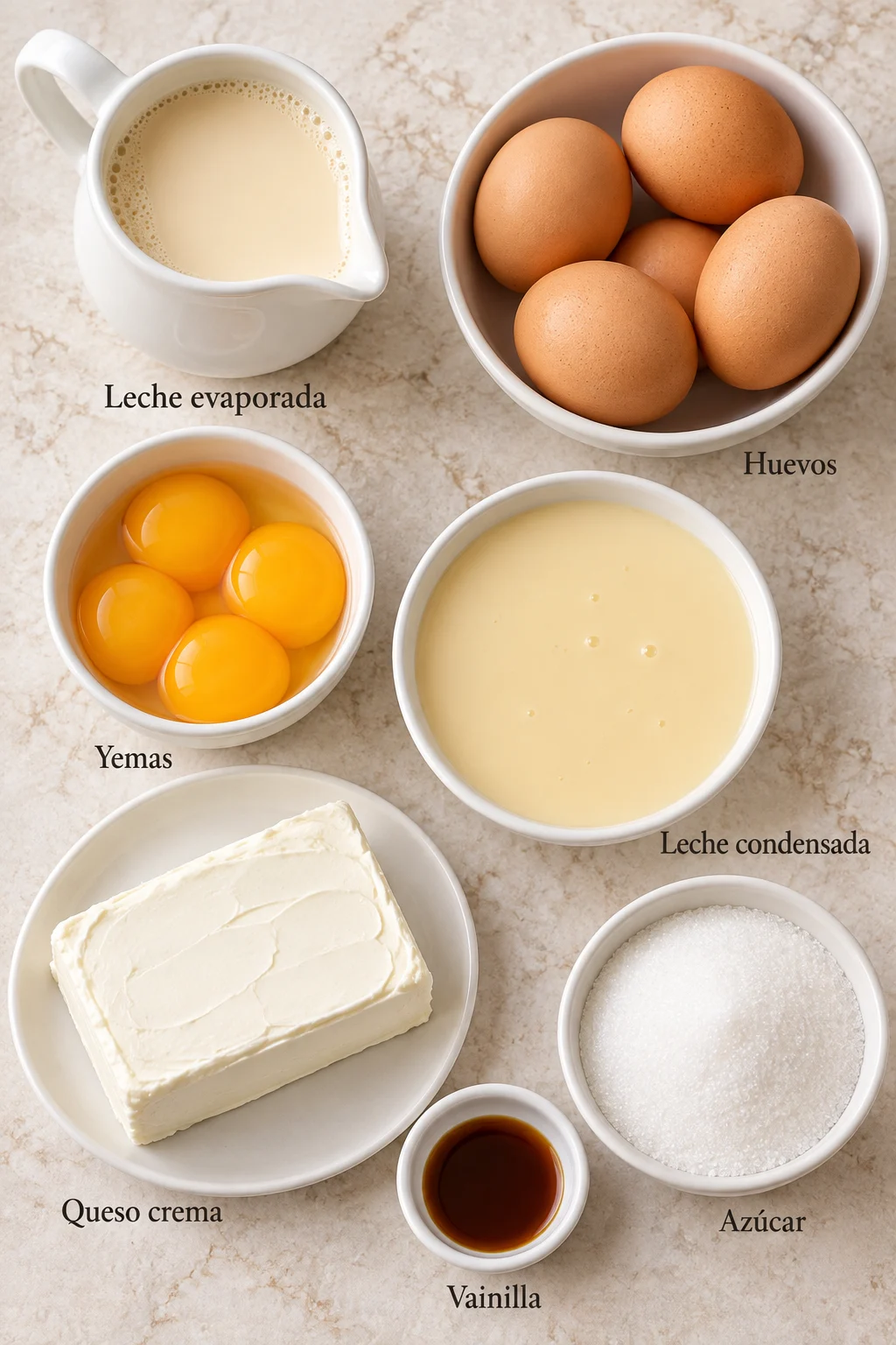 Ingredientes etiquetados para flan napolitano