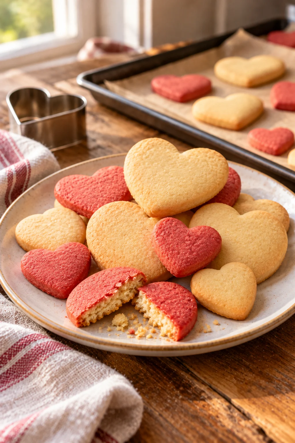 Galletas con forma de corazón apiladas en un plato, mostrando su textura.