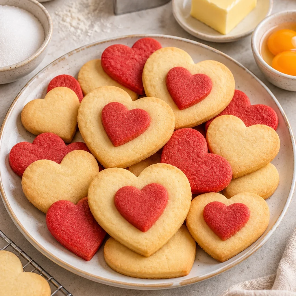 Galletas con forma de corazón recién horneadas sobre una mesa.