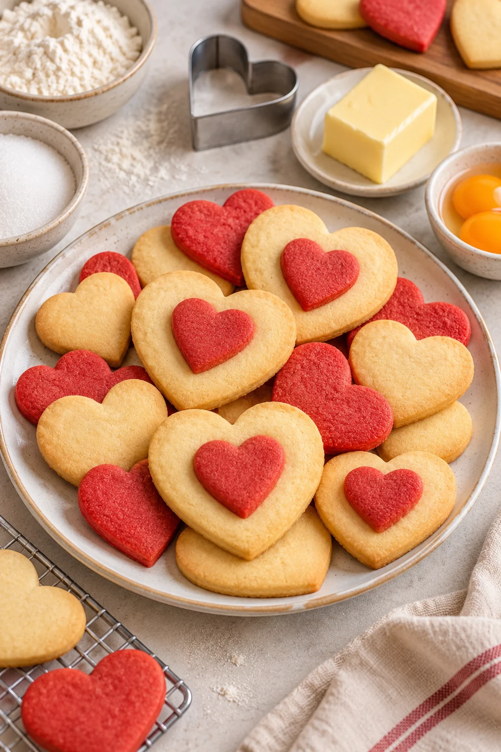 Galletas con forma de corazón recién horneadas sobre una mesa.