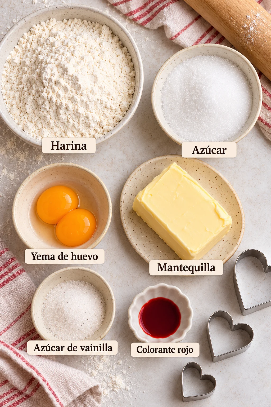 Ingredientes etiquetados para galletas con forma de corazón.