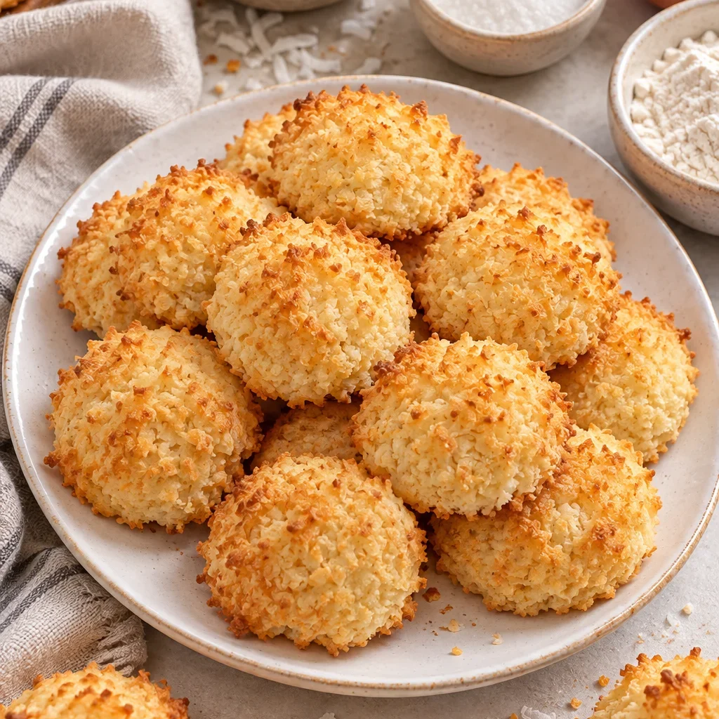 Galletas de coco doradas en un plato con coco rallado, azúcar, harina y huevos alrededor