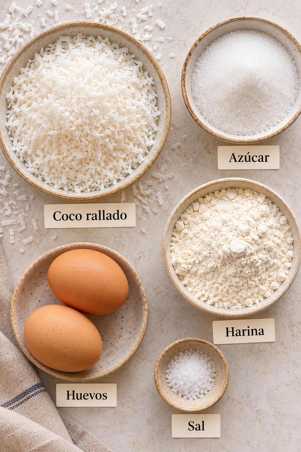 Ingredientes etiquetados para galletas de coco