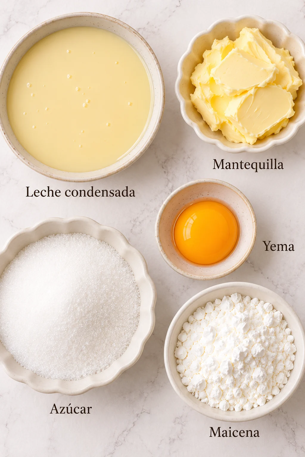 Ingredientes etiquetados para galletas de leche condensada.