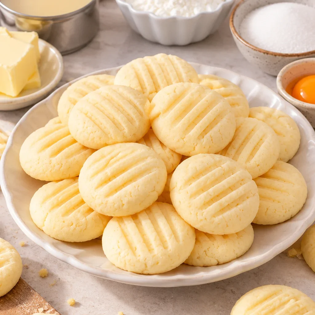 Galletas de leche condensada y maicena en un plato con mantequilla, maicena, azúcar y yema de huevo