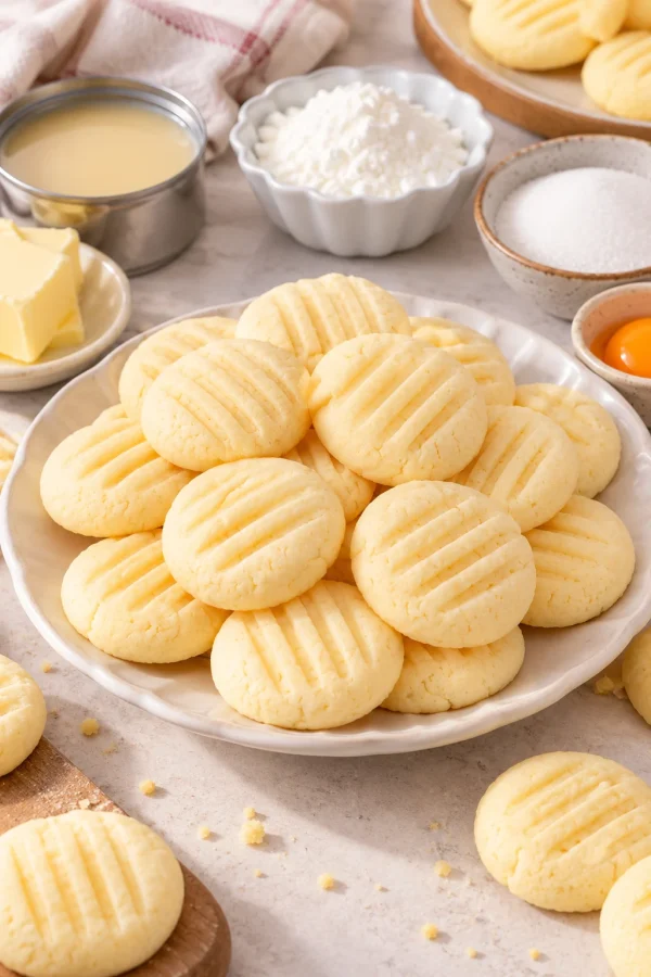 Galletas de leche condensada y maicena en un plato con mantequilla, maicena, azúcar y yema de huevo