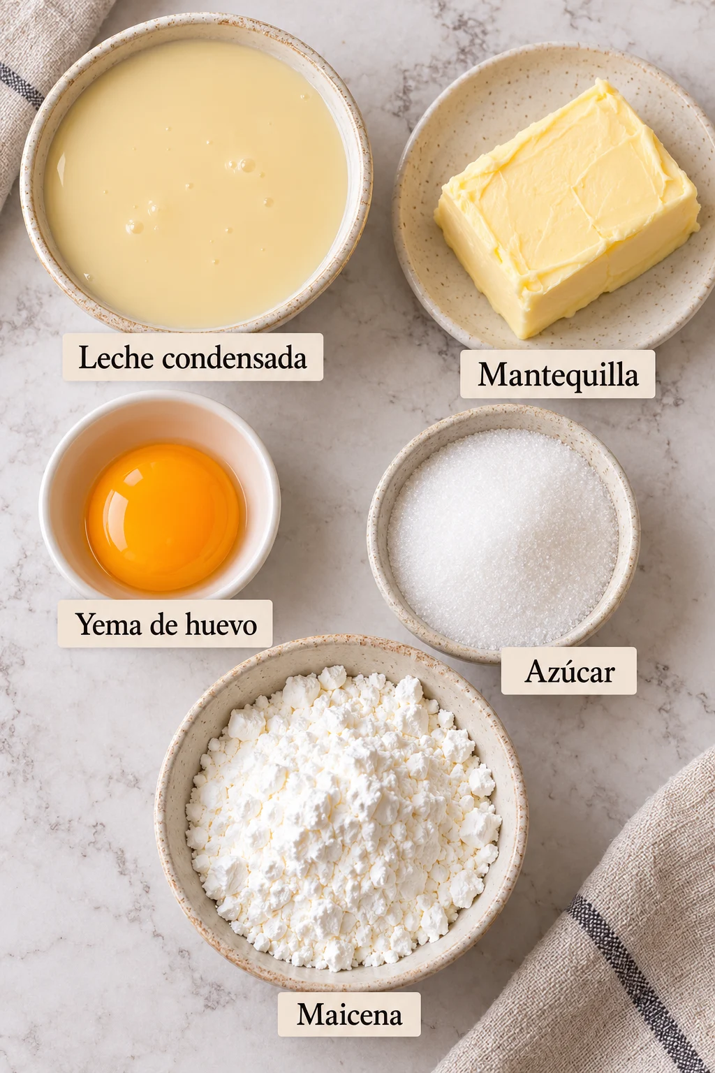 Ingredientes etiquetados para galletas de leche condensada y maicena