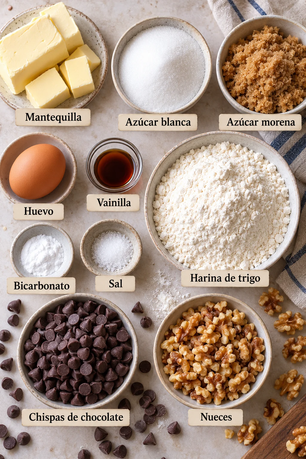 Ingredientes etiquetados para galletas de mantequilla con chispas