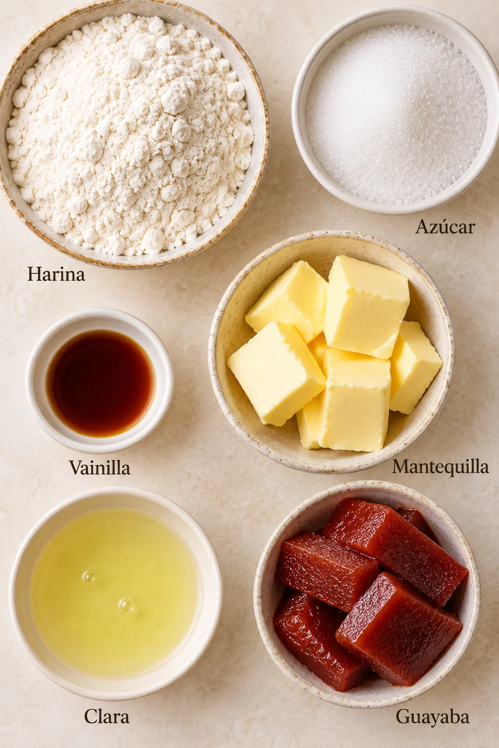Ingredientes etiquetados para galletas de mantequilla con guayaba