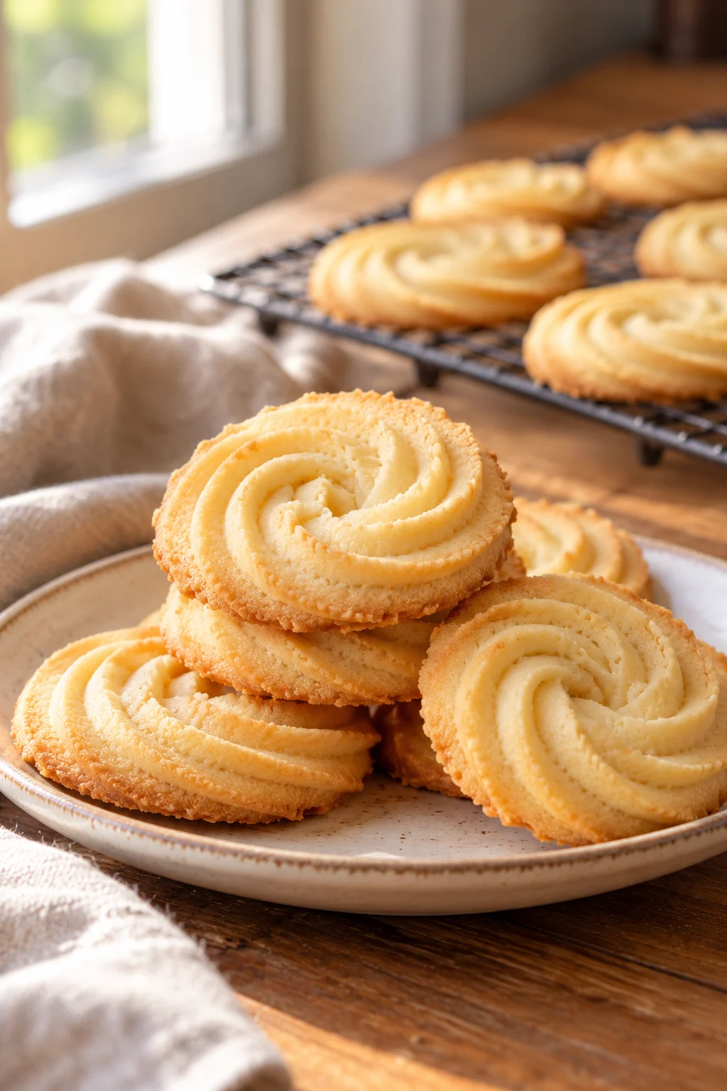 Galletas de mantequilla estilo danesas apiladas, mostrando su textura dorada.
