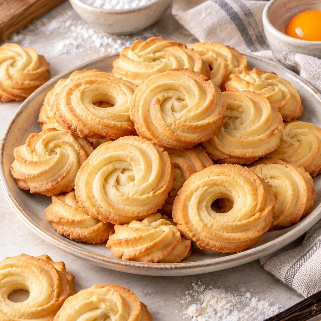 Galletas de mantequilla estilo danesas en un plato, con forma de espiral y bordes dorados.