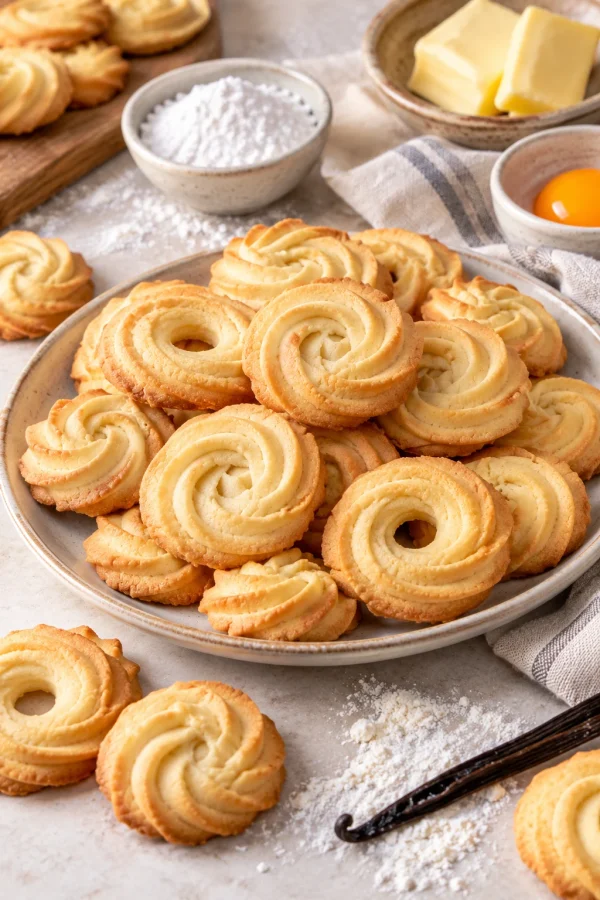 Galletas de mantequilla estilo danesas en un plato, con forma de espiral y bordes dorados.
