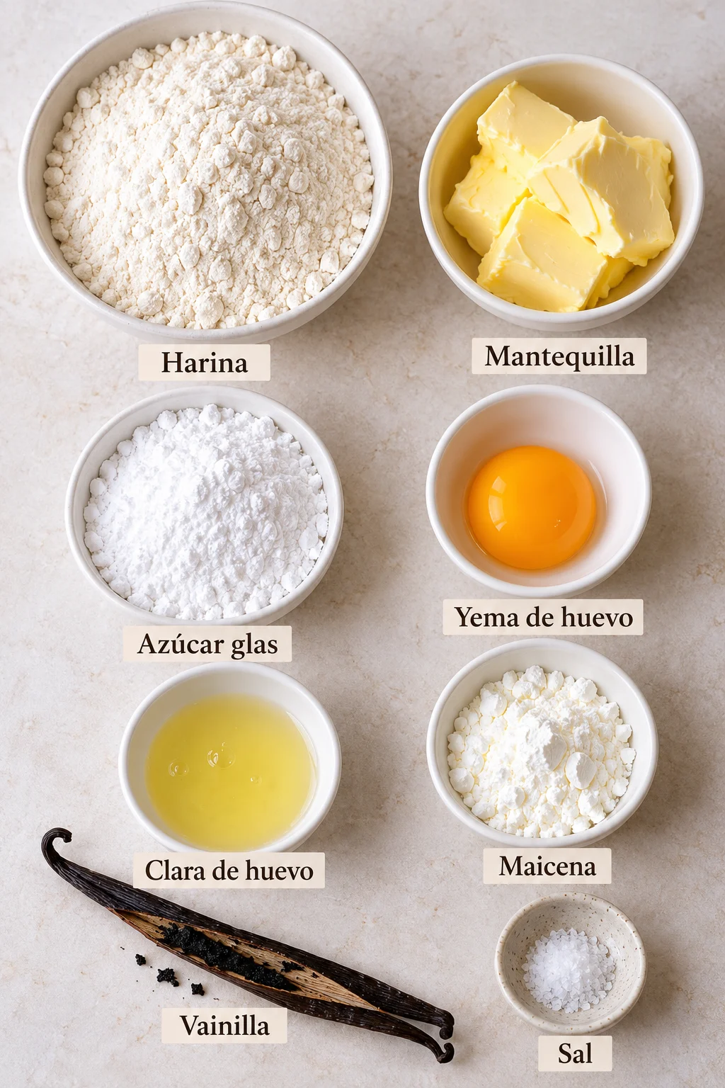 Ingredientes etiquetados para galletas de mantequilla estilo danesas.