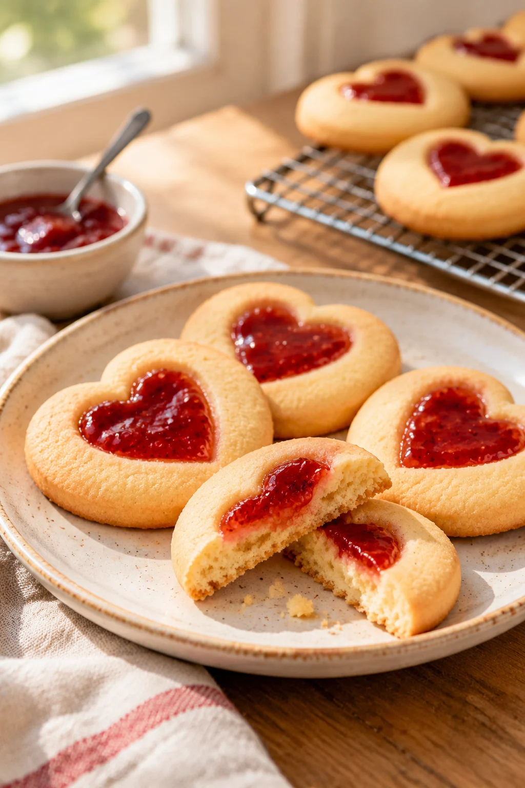 Primer plano de galletas de mermelada con forma de corazón y relleno rojo