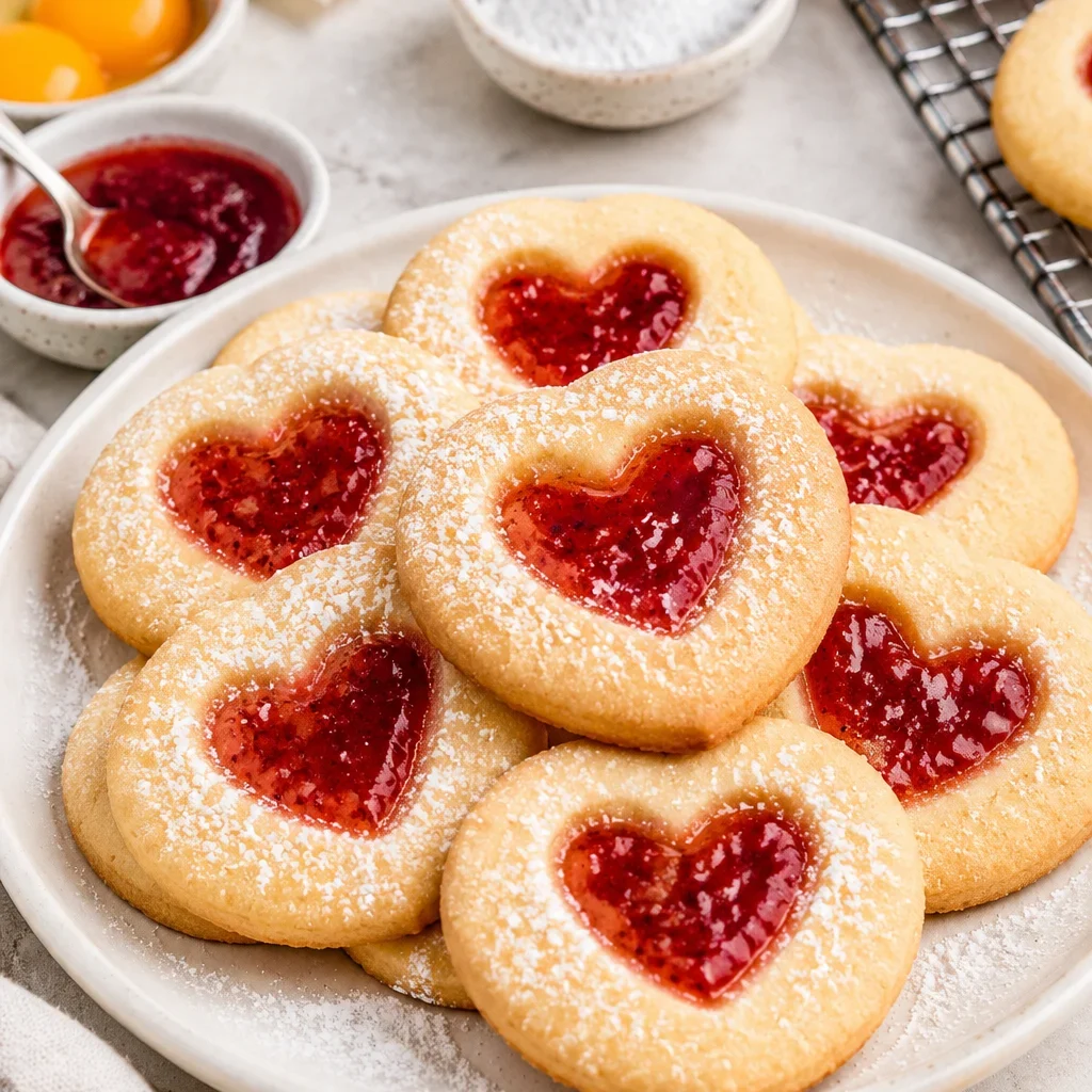 Galletas de mermelada con forma de corazón en un plato blanco