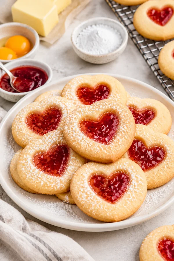 Galletas de mermelada con forma de corazón en un plato blanco