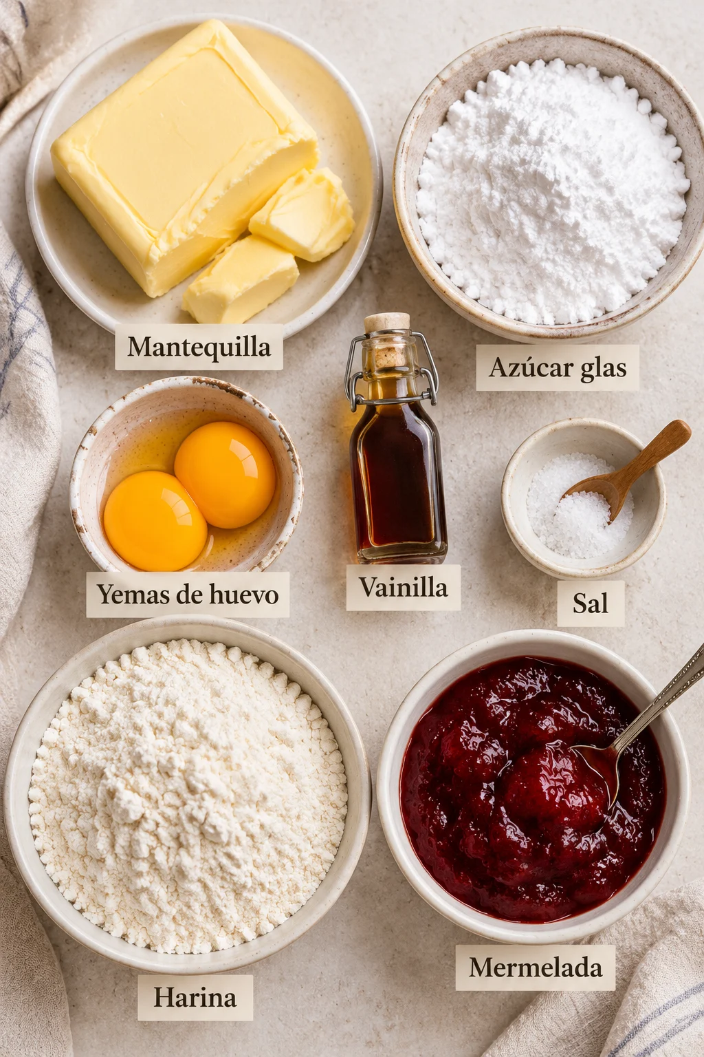 Ingredientes etiquetados para galletas de mermelada sobre superficie clara