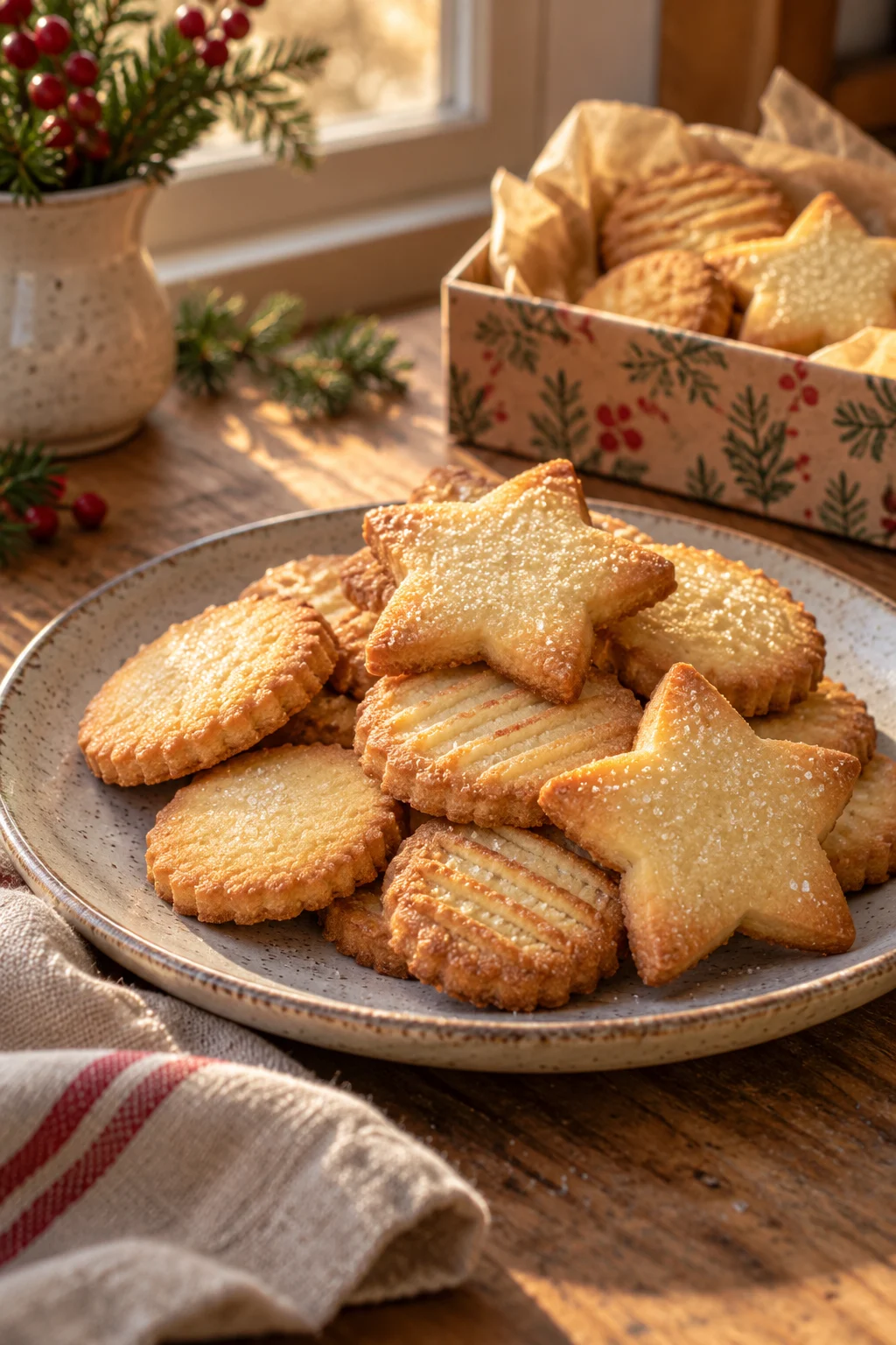 Primer plano de galletas de navidad de mantequilla con textura crujiente y dorada