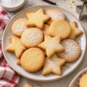 Galletas de navidad de mantequilla caseras con harina de repostería y azúcar glas