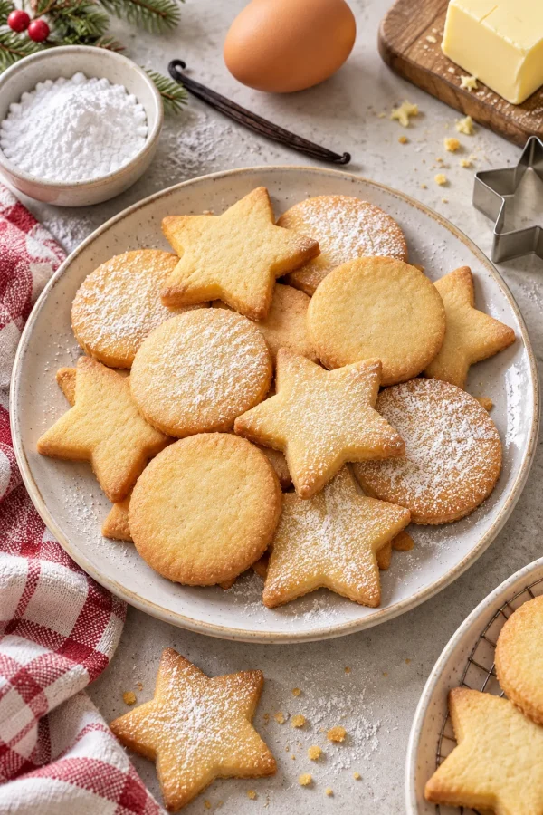Galletas de navidad de mantequilla caseras con harina de repostería y azúcar glas