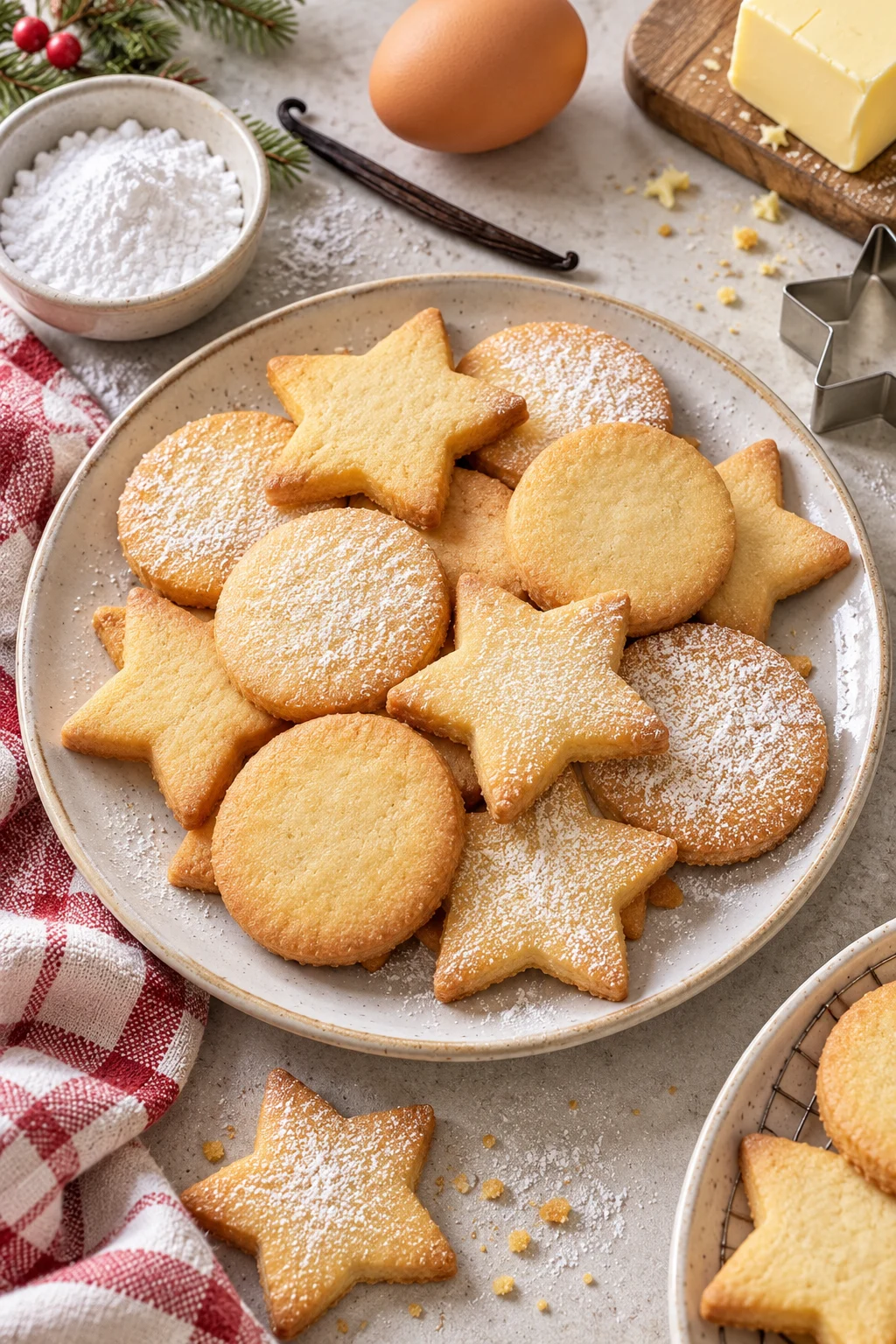 Galletas de navidad de mantequilla caseras con harina de repostería y azúcar glas