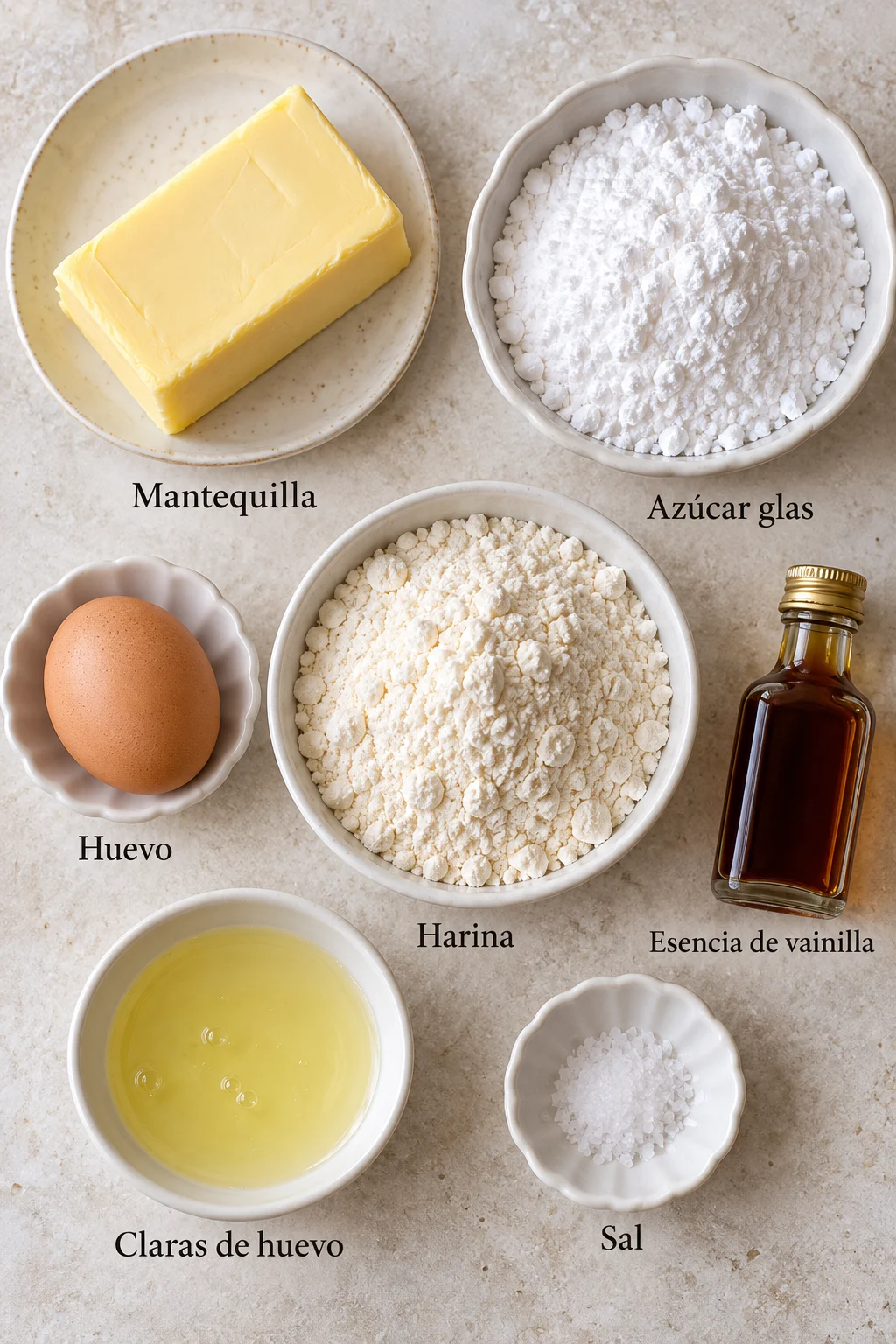 Ingredientes etiquetados para galletas de navidad: mantequilla, azúcar glas, harina de repostería, huevo, esencia de vainilla, sal