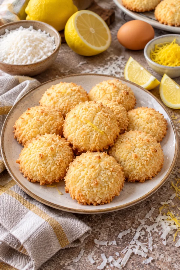 Galletitas de coco y limón recién horneadas en un plato decorativo.