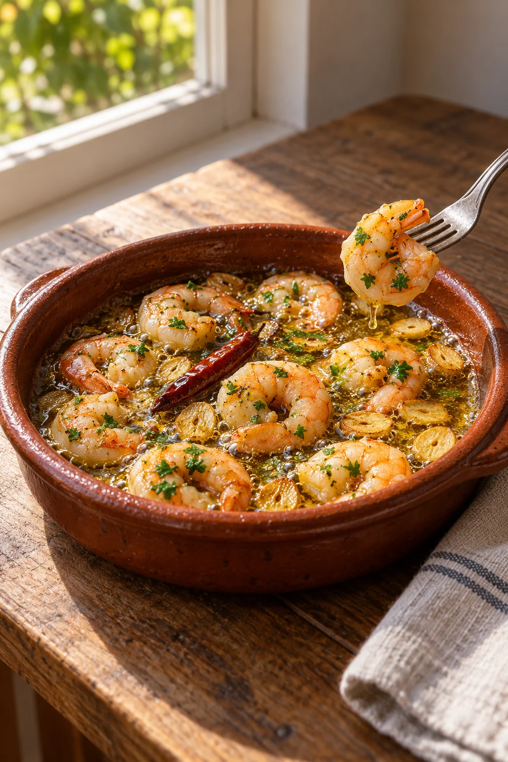 Primer plano de gambas al ajillo con ajo y guindilla en cazuela de barro