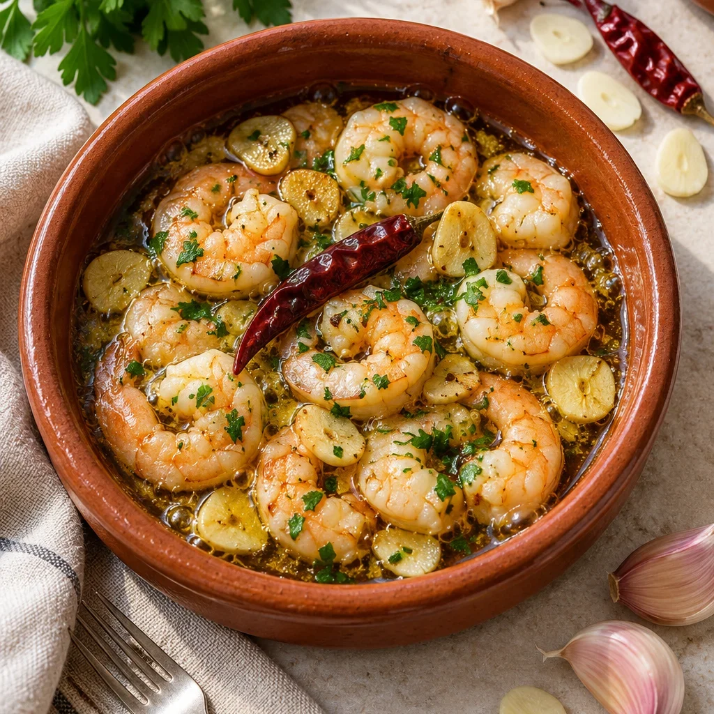 Gambas al ajillo con ajo laminado, guindilla y perejil fresco en una cazuela de barro