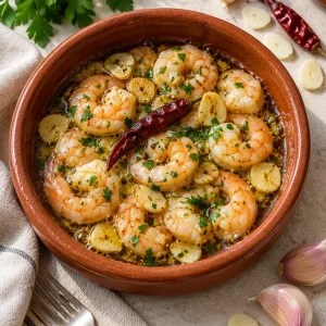 Gambas al ajillo con ajo laminado, guindilla y perejil fresco en una cazuela de barro