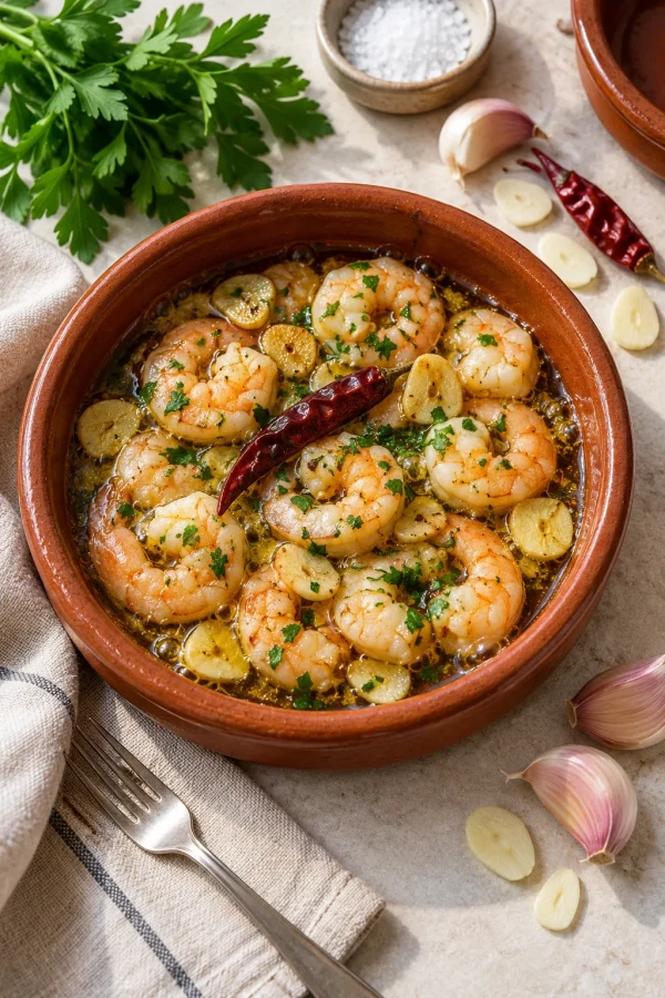 Gambas al ajillo con ajo laminado, guindilla y perejil fresco en una cazuela de barro