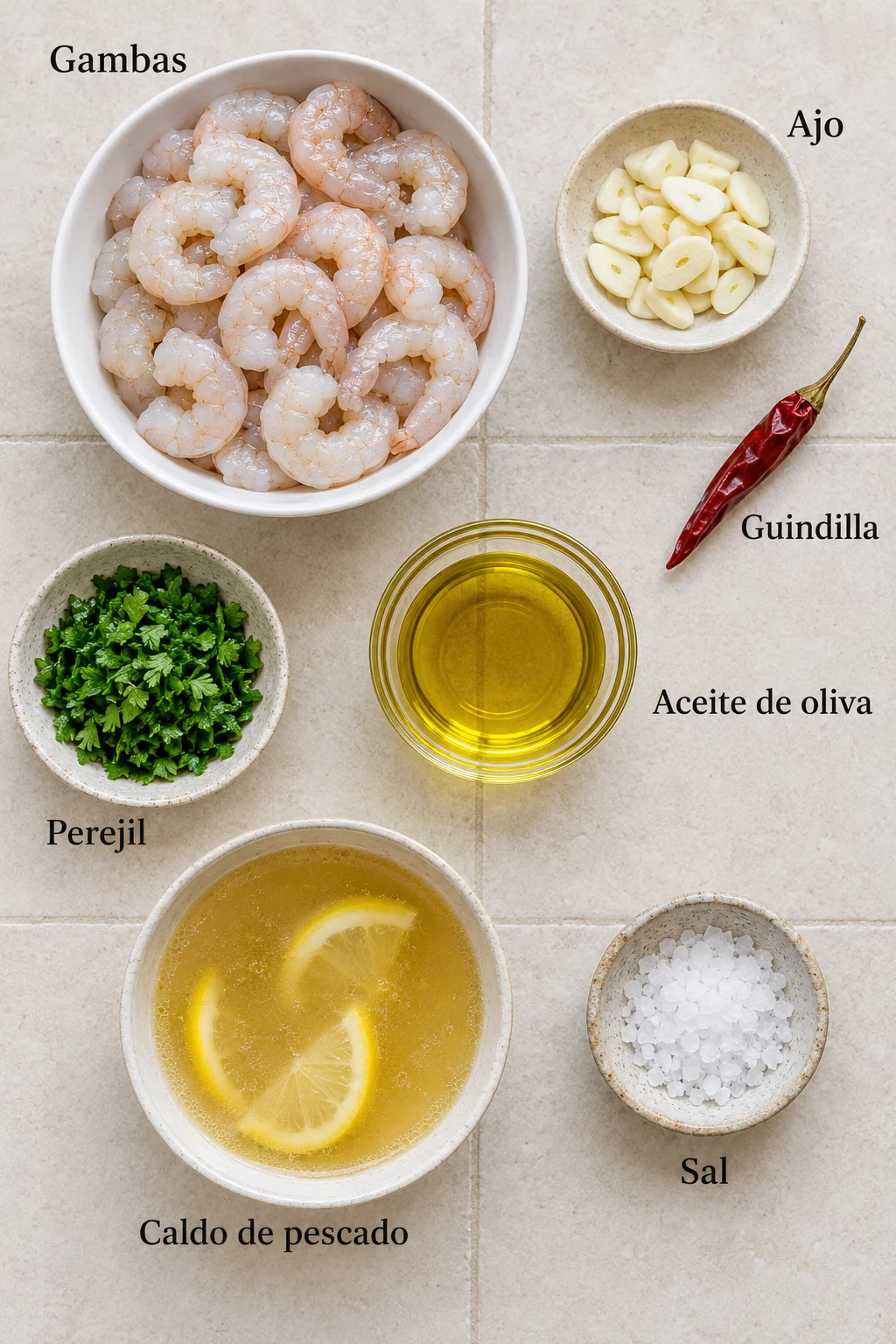 Ingredientes etiquetados para gambas al ajillo en un plano cenital