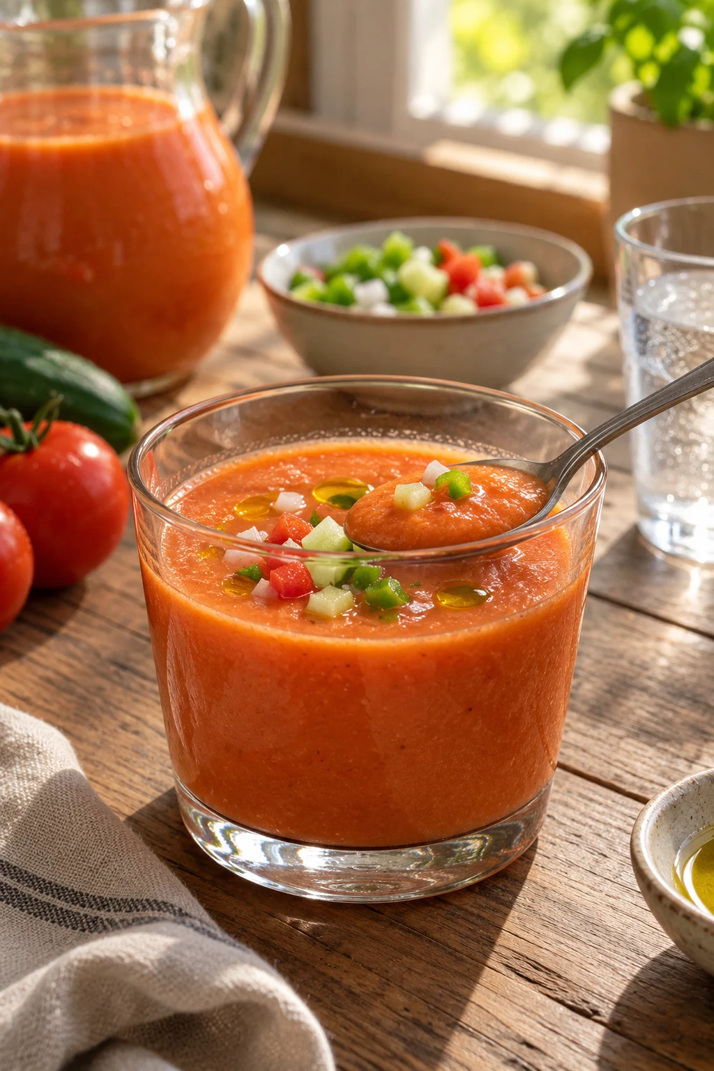 Cuchara con gazpacho andaluz casero mostrando textura cremosa y color rojo vibrante