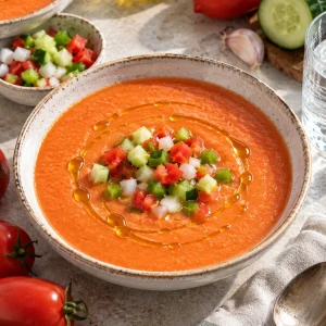 Gazpacho andaluz casero servido en un bol con guarnición de verduras picadas y aceite de oliva