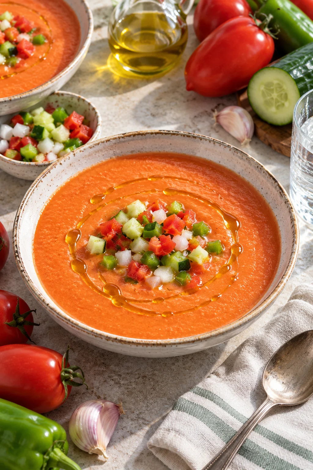 Gazpacho andaluz casero servido en un bol con guarnición de verduras picadas y aceite de oliva