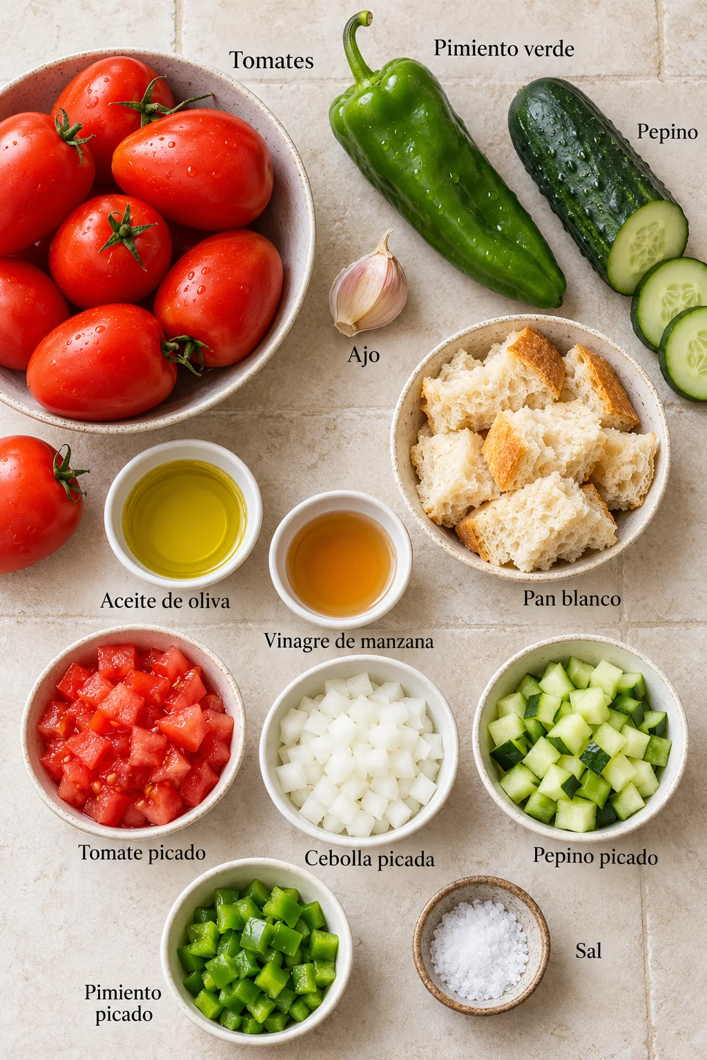 Ingredientes etiquetados para gazpacho andaluz casero en un plano cenital