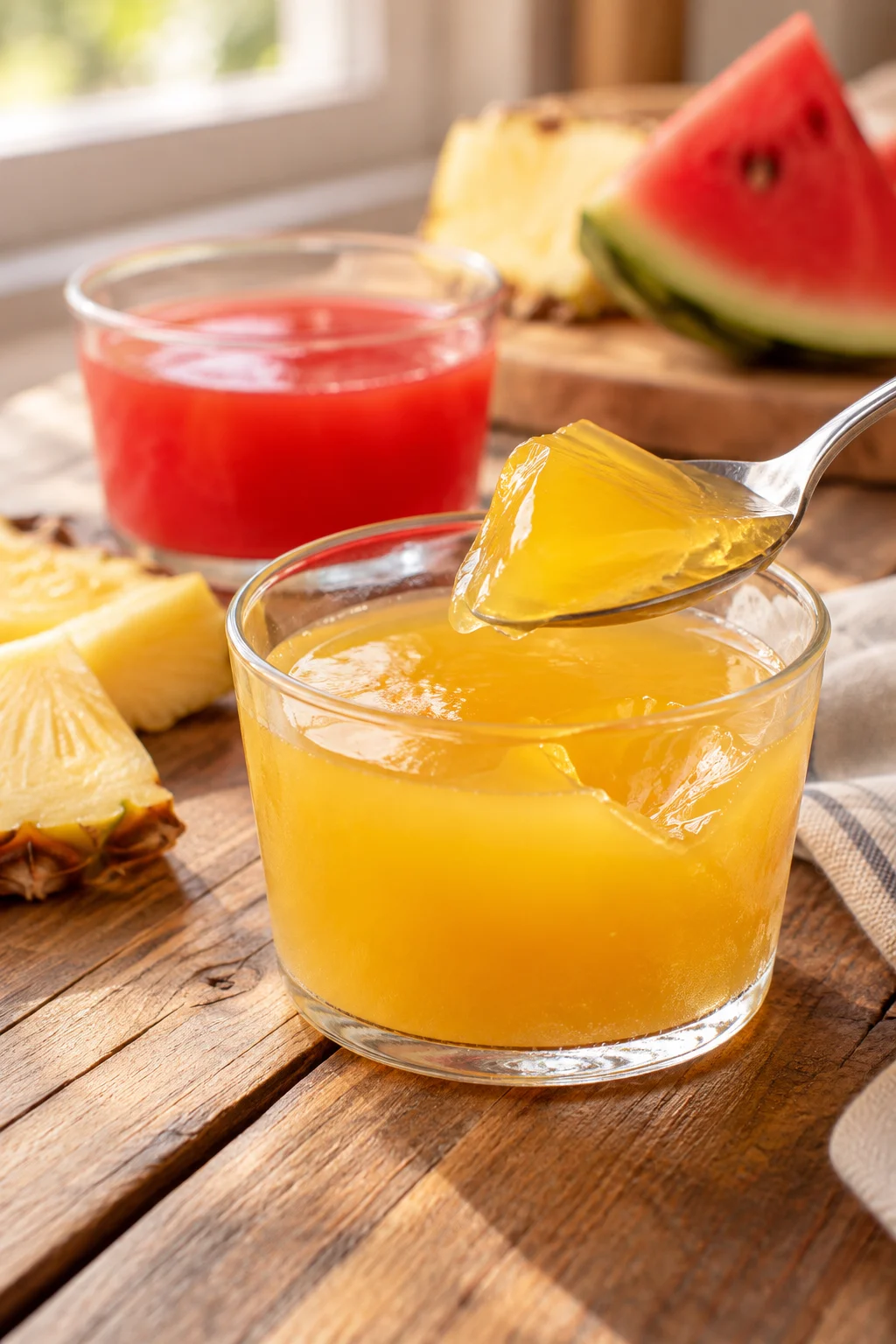Gelatina cristal de frutas servida con textura brillante