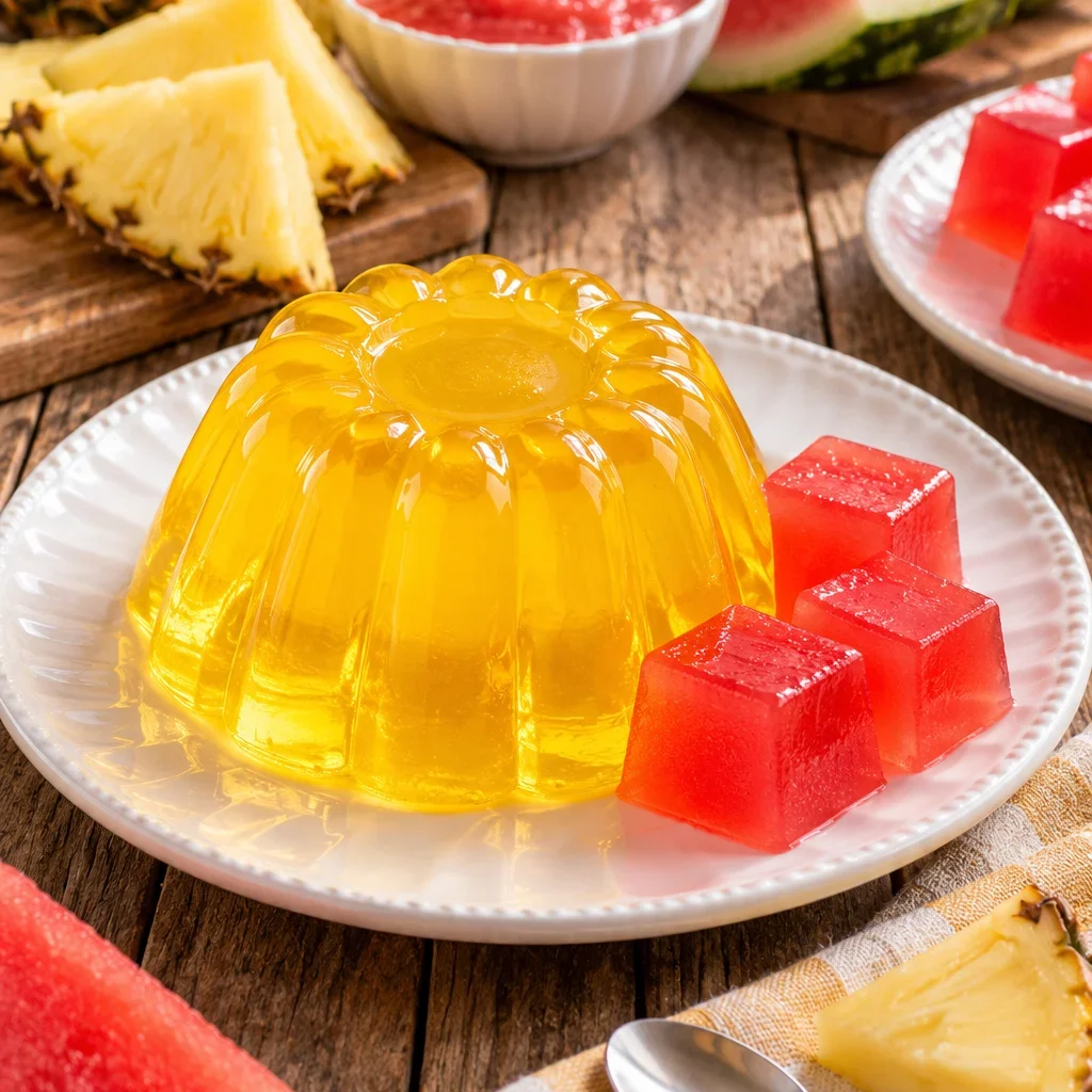 Gelatina cristal de frutas de piña desmoldada en un plato con cubos de gelatina de sandía