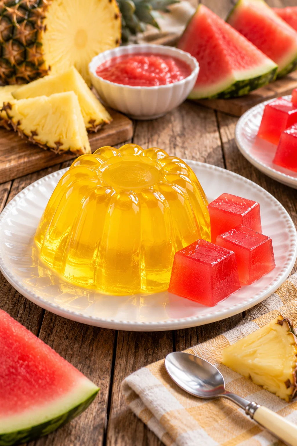 Gelatina cristal de frutas en copas con frutas frescas