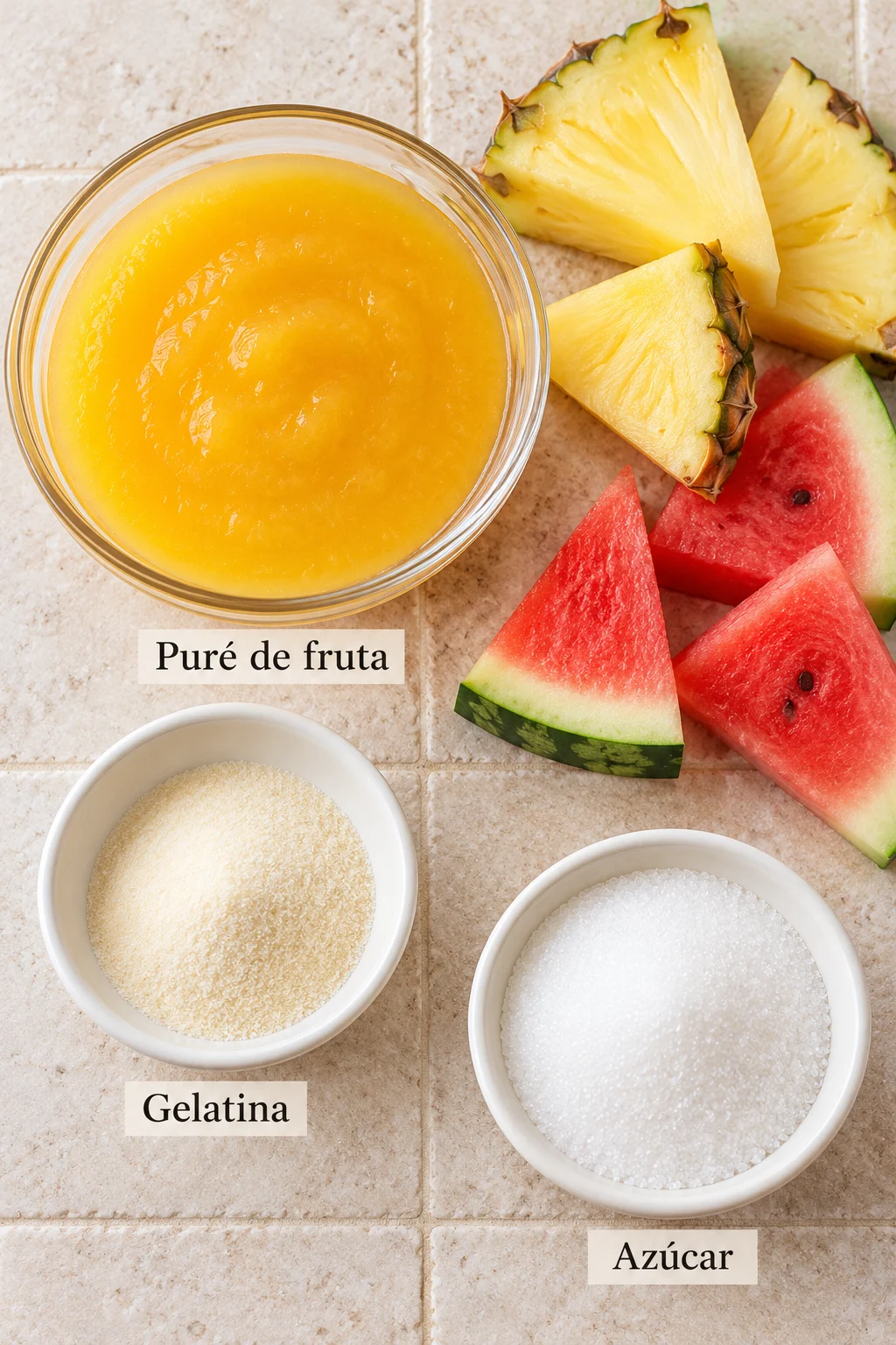 Ingredientes etiquetados para gelatina cristal de frutas