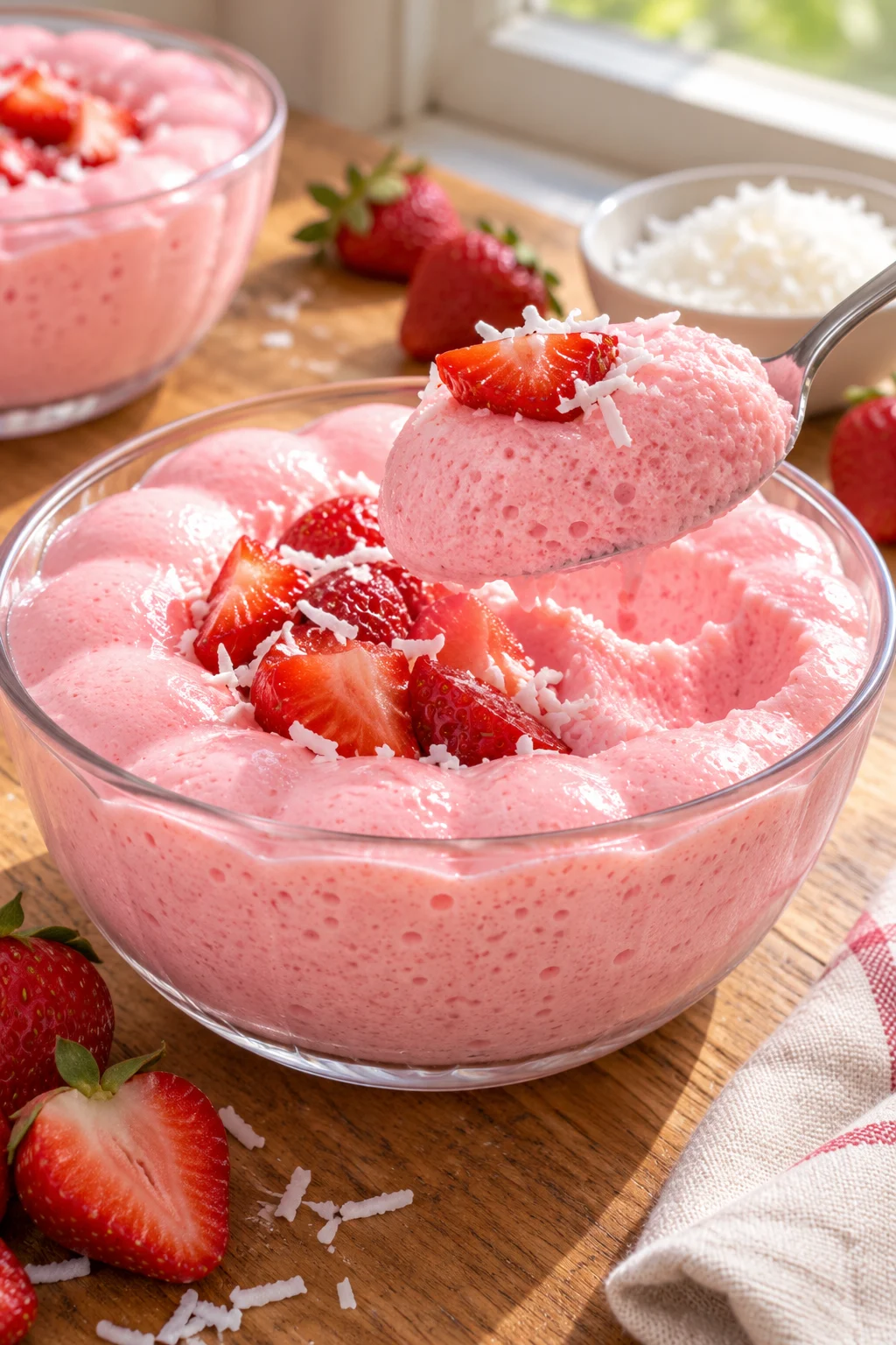Detalle de gelatina espuma de fresa mostrando su textura esponjosa y suave