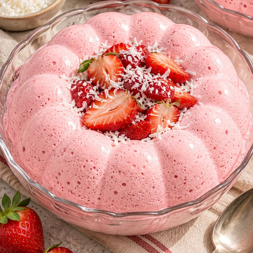 Gelatina espuma de fresa decorada con fresas frescas y coco rallado