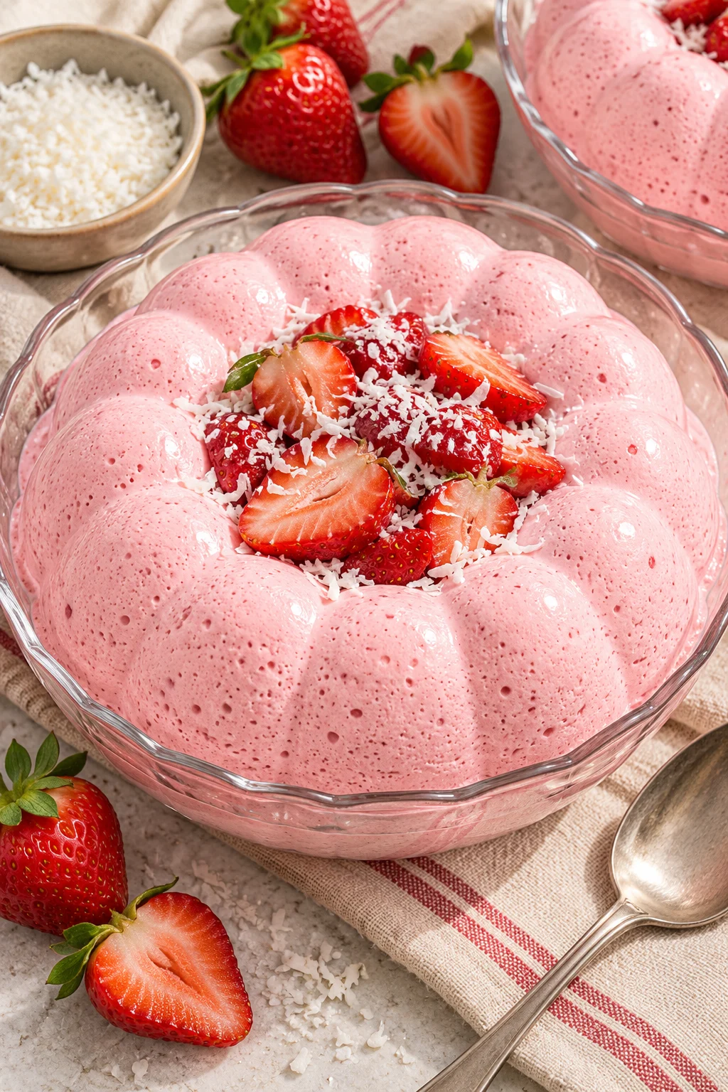 Gelatina espuma de fresa decorada con fresas frescas y coco rallado