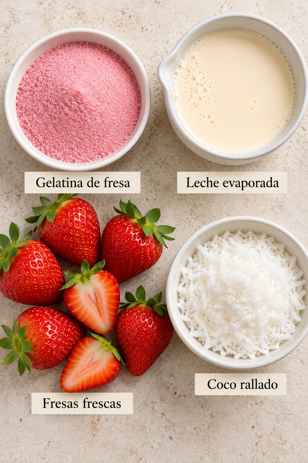 Ingredientes etiquetados para gelatina espuma: gelatina de fresa, leche evaporada, agua, fresas frescas y coco rallado